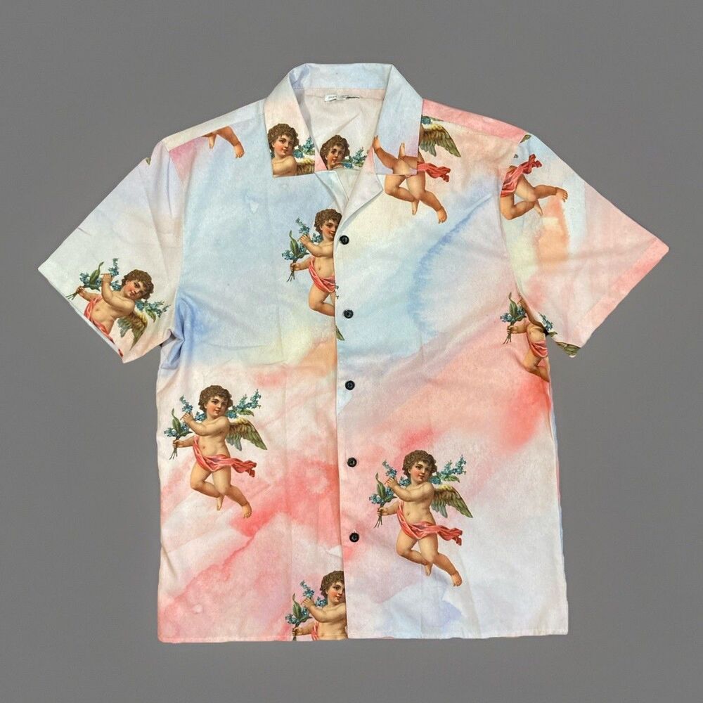 Fashion Nova MEN Guardian Angel Cherub Short Sleeve Pastel Shirt Pink Size M